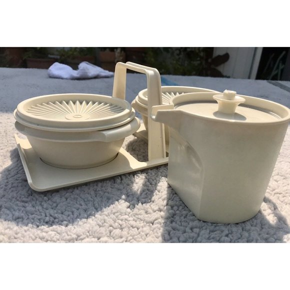 Vtg 80s Tupperware Condiment Servalier Caddy Bowls Lids Storage Pitcher HTF Set - Picture 15 of 15